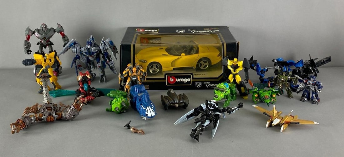 Group of Hasbro Transformers Action Figures and More: Includes Burago 1993 Dodge Viper Die-cast Car, General Grevious Transforming toy, parts and more, Dodge viper is 1/18 scale