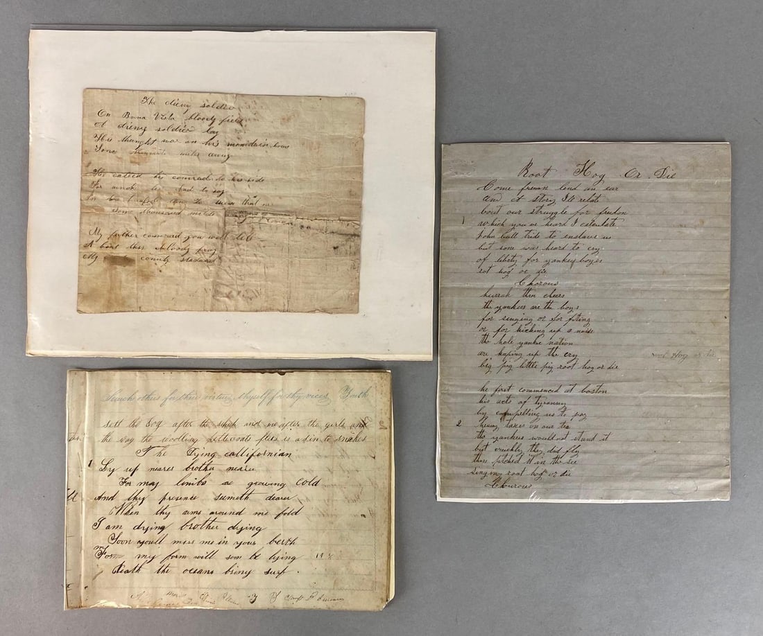 Group of 3 1840 U.S. Handwritten Poems: Written during the Mexican-American War, Includes The Dying Soldier, The Dying Californian, and Boat Hog Or Die, Largest measures 10 x 8in.