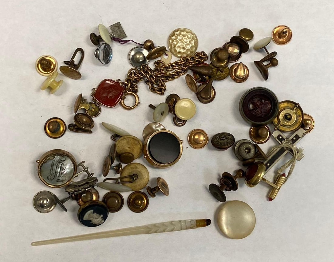 Group of Assorted Cufflinks and More: Including Fountain Pen, Cufflinks, and more. Pen measures 3” in length.