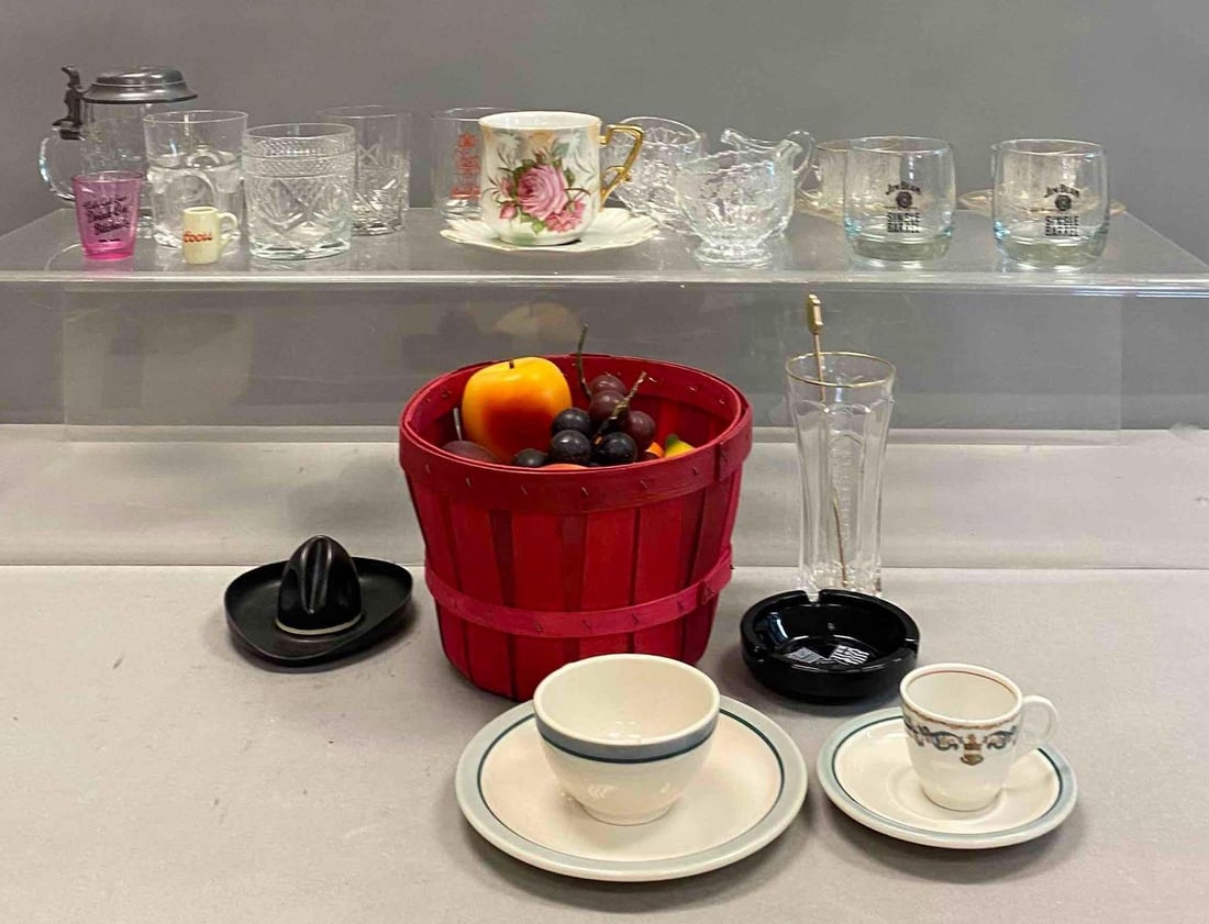 Group of Assorted Cut Glass Drink-ware and More: Includes artificial fruit basket, plates and more. Largest item measures L 8 1/2 x W 6 inches. Stand not included.