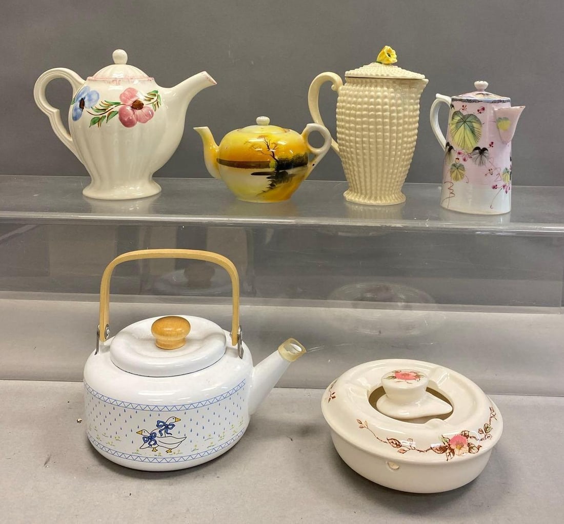 Group of Assorted Japanese Fine China Tea kettles and More: Includes Pitchers and tea kettles. Largest measures 8” tall. Stand not included.