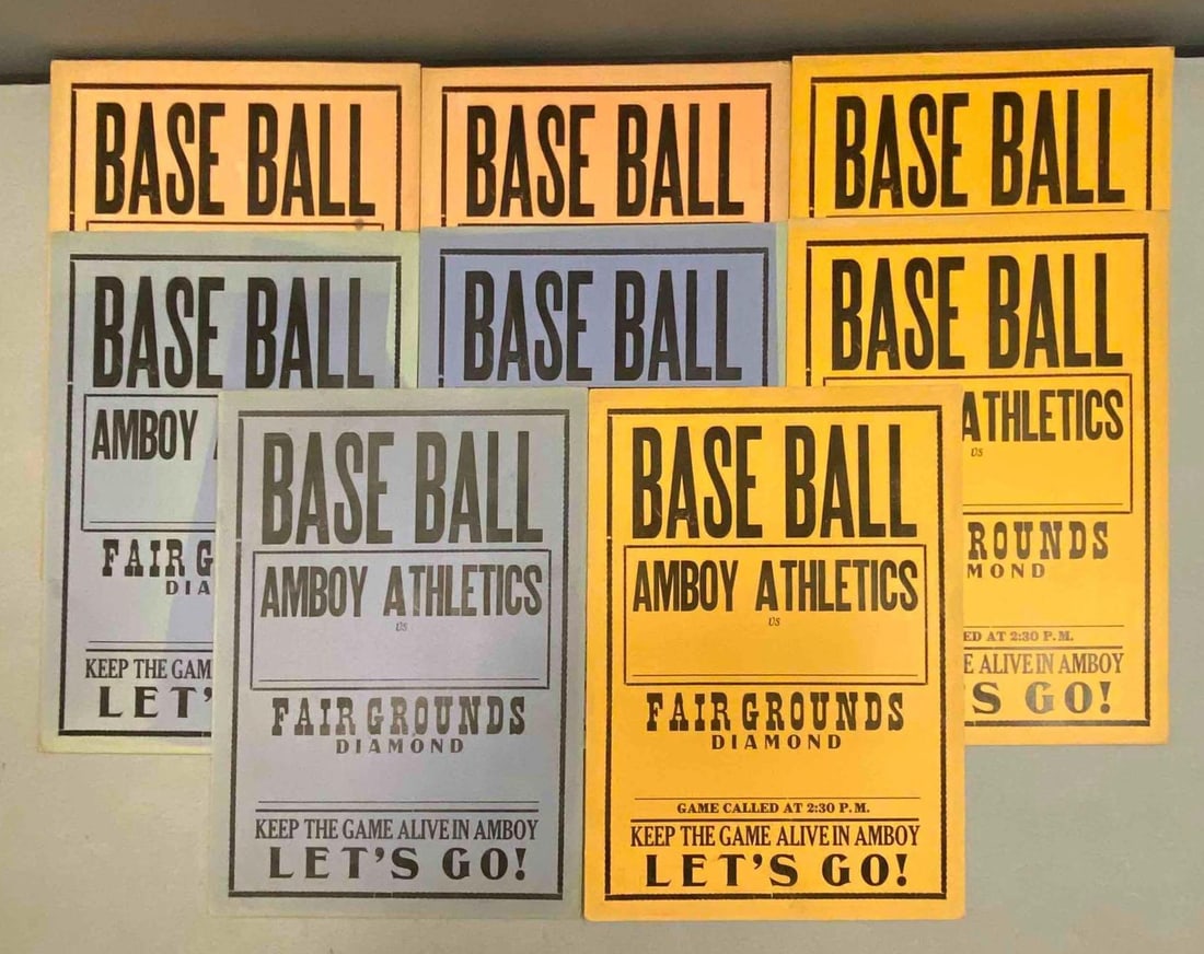 Group of 7 Vintage Baseball Amboy Athletics Advertising Flyer Prints: One measures L 14 x W 11 inches.