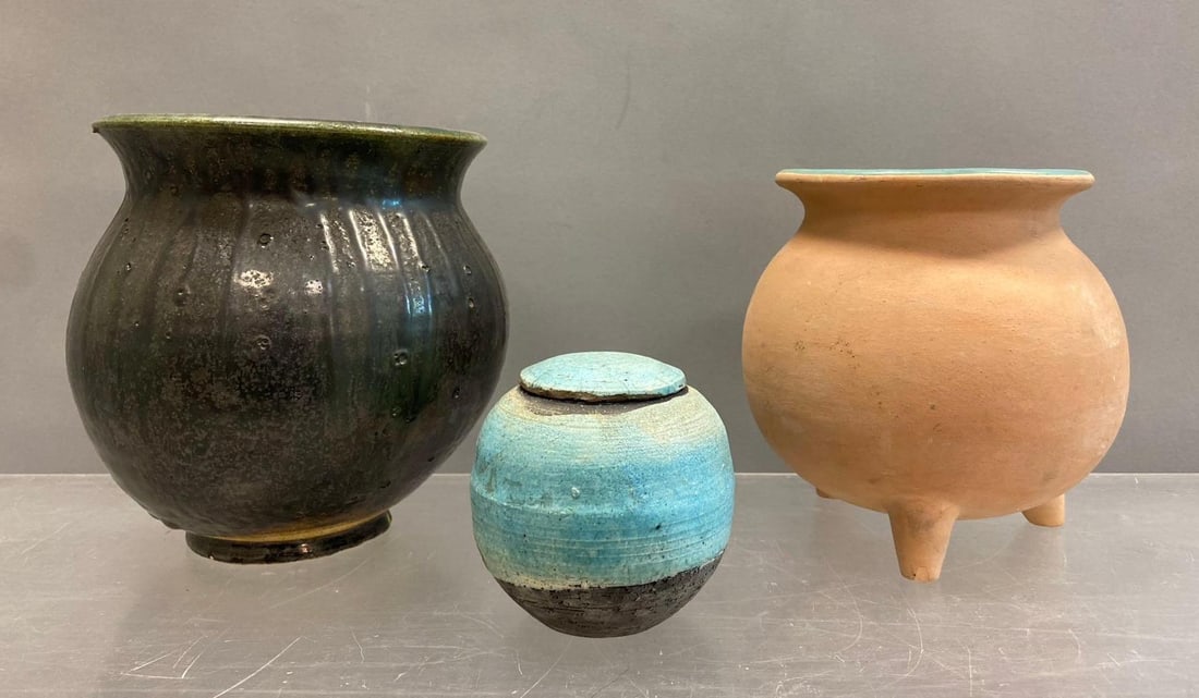 Group of 3 Pottery Vases: Includes Glazed, Terracotta, and more. Largest vase measures H 7 x W 6 inches.