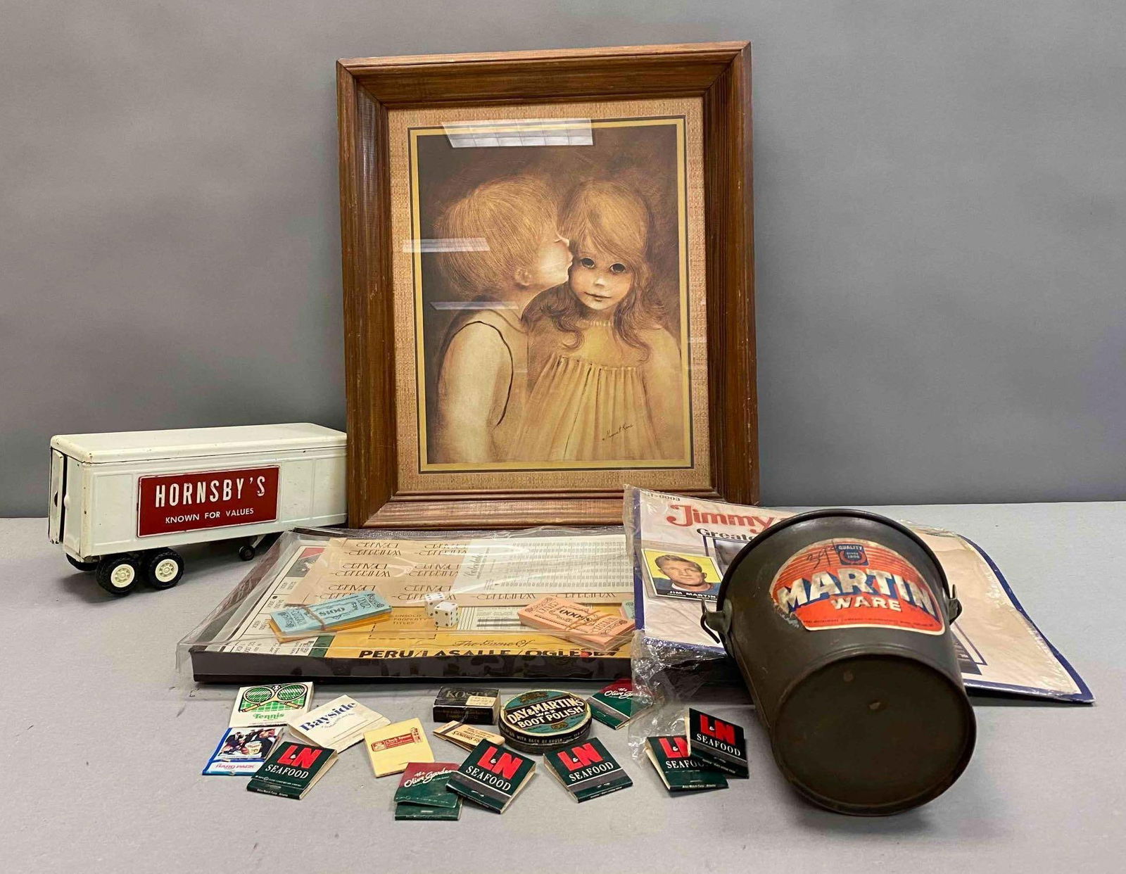 Group of Assorted Jimmy Martins Memorabilia and More: Includes the game of Peru, Lasalle, Oglesby, Spring Vally, and more. Largest item measures L 20 x W 17 inches.