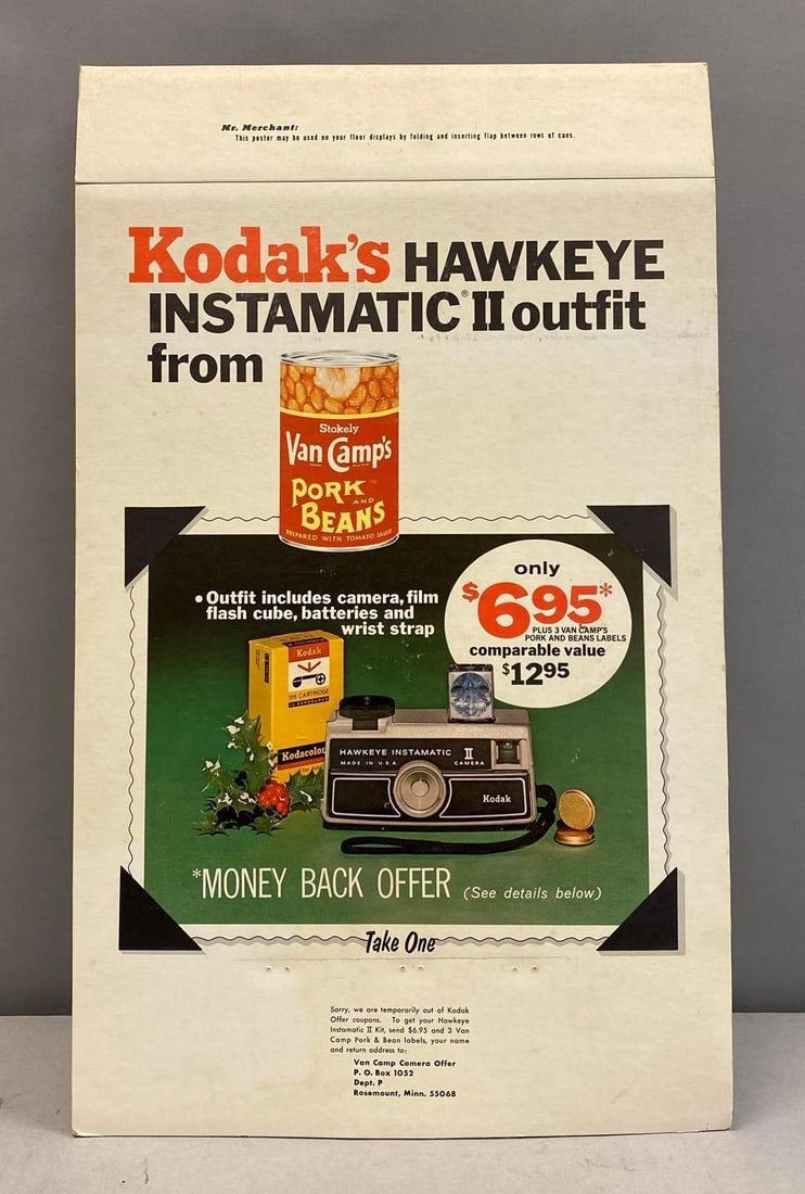 Vintage Kodak Hawkeye Instamatic II/ Van Camps Pork and Beans Store Advertising Display: Circa 1970’s measures L 25 x W 15 inches.