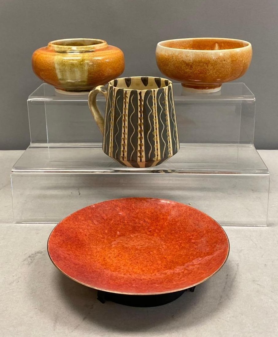 Group of 4 clay Bowls and More: Includes mug, plate, and bowls. Largest measures 7” in diameter. Stand not included.