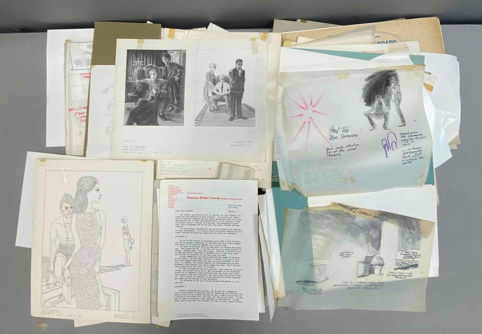 Vintage Famous Artist Course Sketches and More: Circa 1960’s. Largest measures L 12 x W 10 inches.