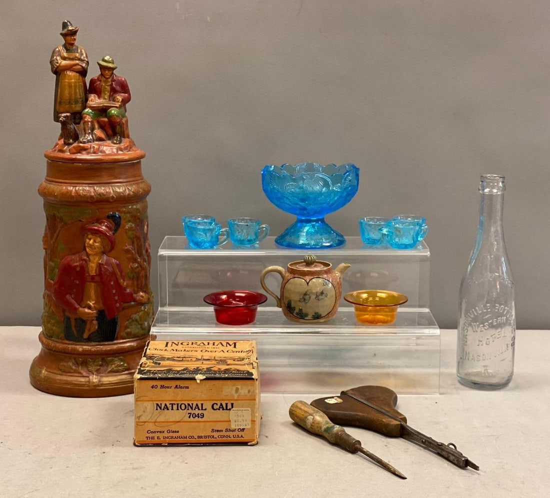 Group of Assorted Vintage Items: Includes Empty Ingram box, German Stein, and more. Stein measures 15” tall. Stand not included.