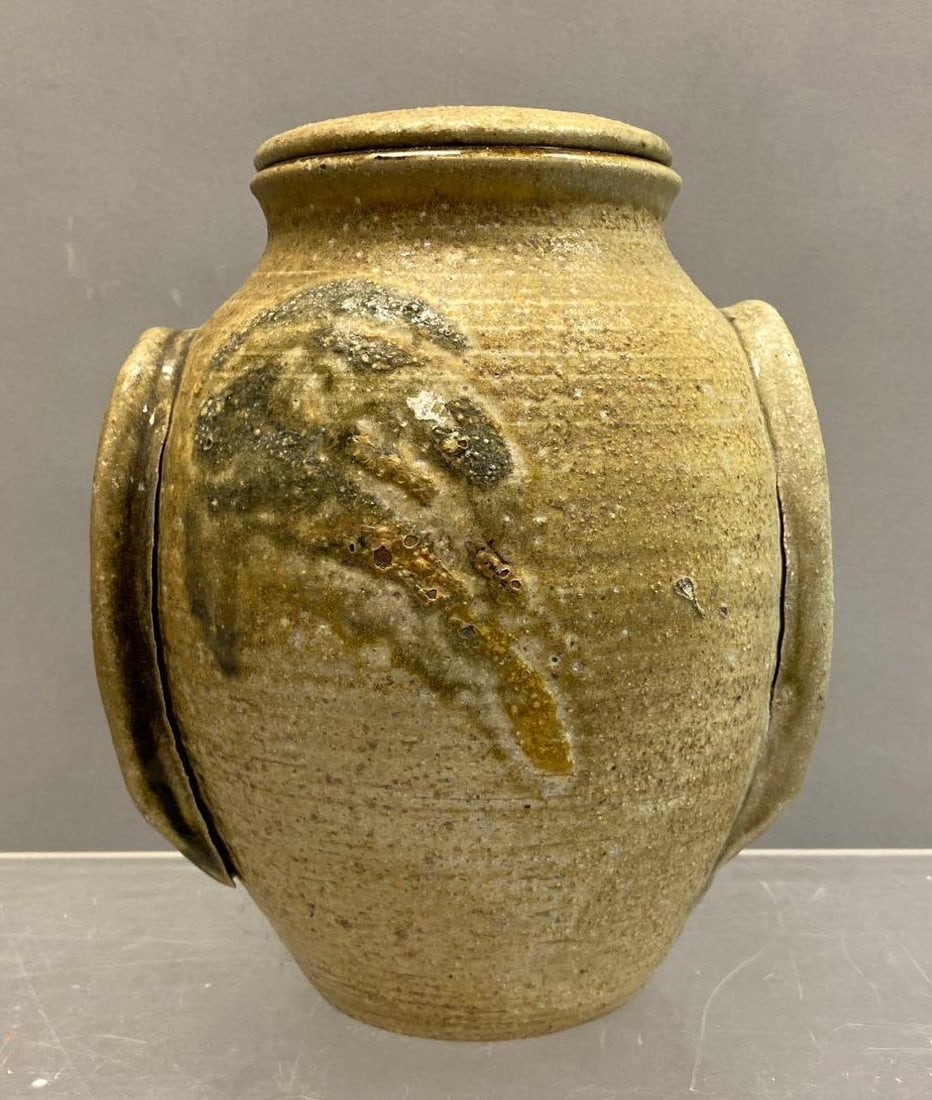 Vintage Alkaline Glazed Stoneware Storage Jar: Measures L 8 x W 7 inches.