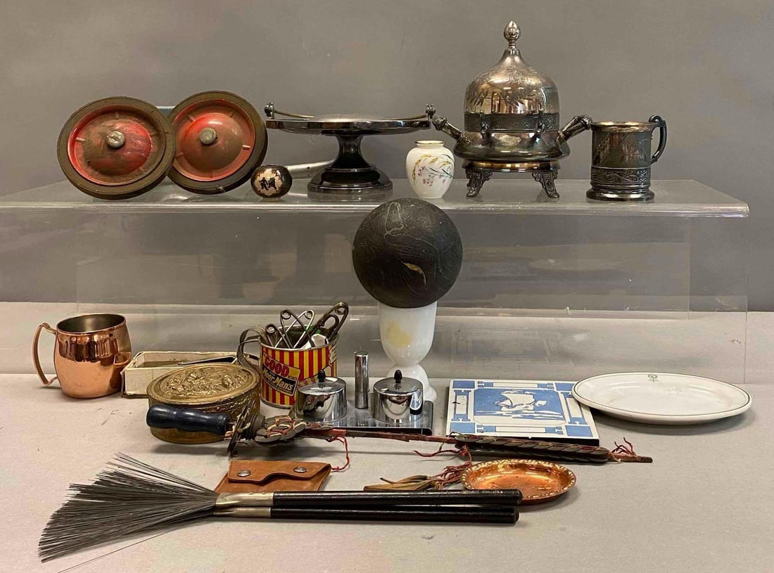 Group of Vintage Miscellaneous Items: Includes Wilcox Silver Plated 4X plated Mug, Antique Chinese Coin Sword circa 1730’s, mineral sphere, and more. Stand not included. Largest measures 10” in diameter.
