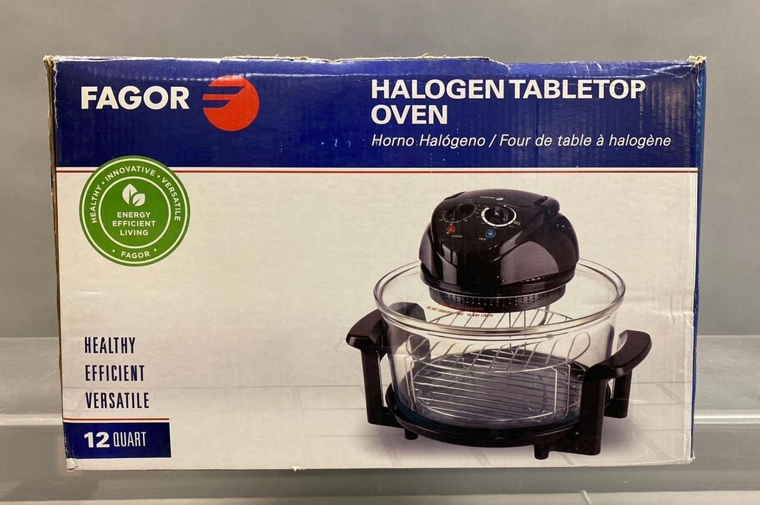 Fagor 12 Quart Halogen Tabletop Oven: Like new in original packaging. Packaging has some rips and tears throughout. Untested. Box measures H 10 x W 15 x L 15 inches