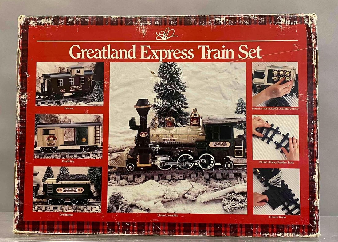 Vintage New Bright Greatland Express Train Set: Circa 1990’s. Untested. Box measures H 6 x W 19 x L 25 1/2 inches.