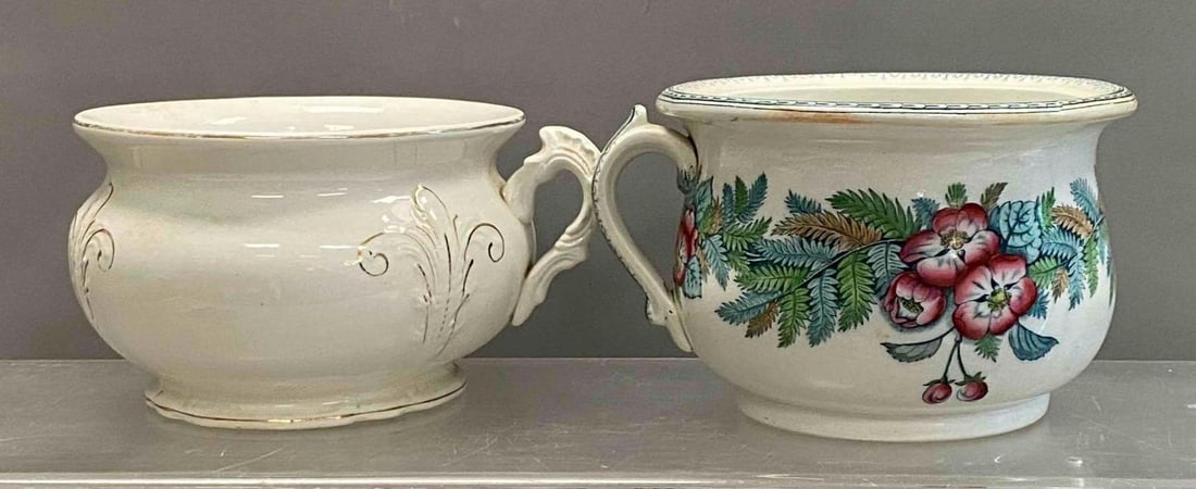 Group of 2 Decorative Ceramic Chamber Pots: Largest measures L 9 x W 6 inches.