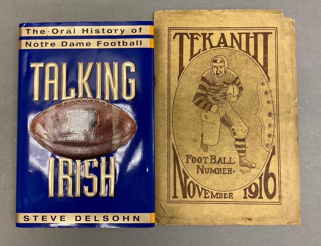 Group of 2 Football Themed Books: Includes Talking Irish by Steve Delsohn and 1916 Tekanhi Magazine. One book measures L 10 x W 7 inches.