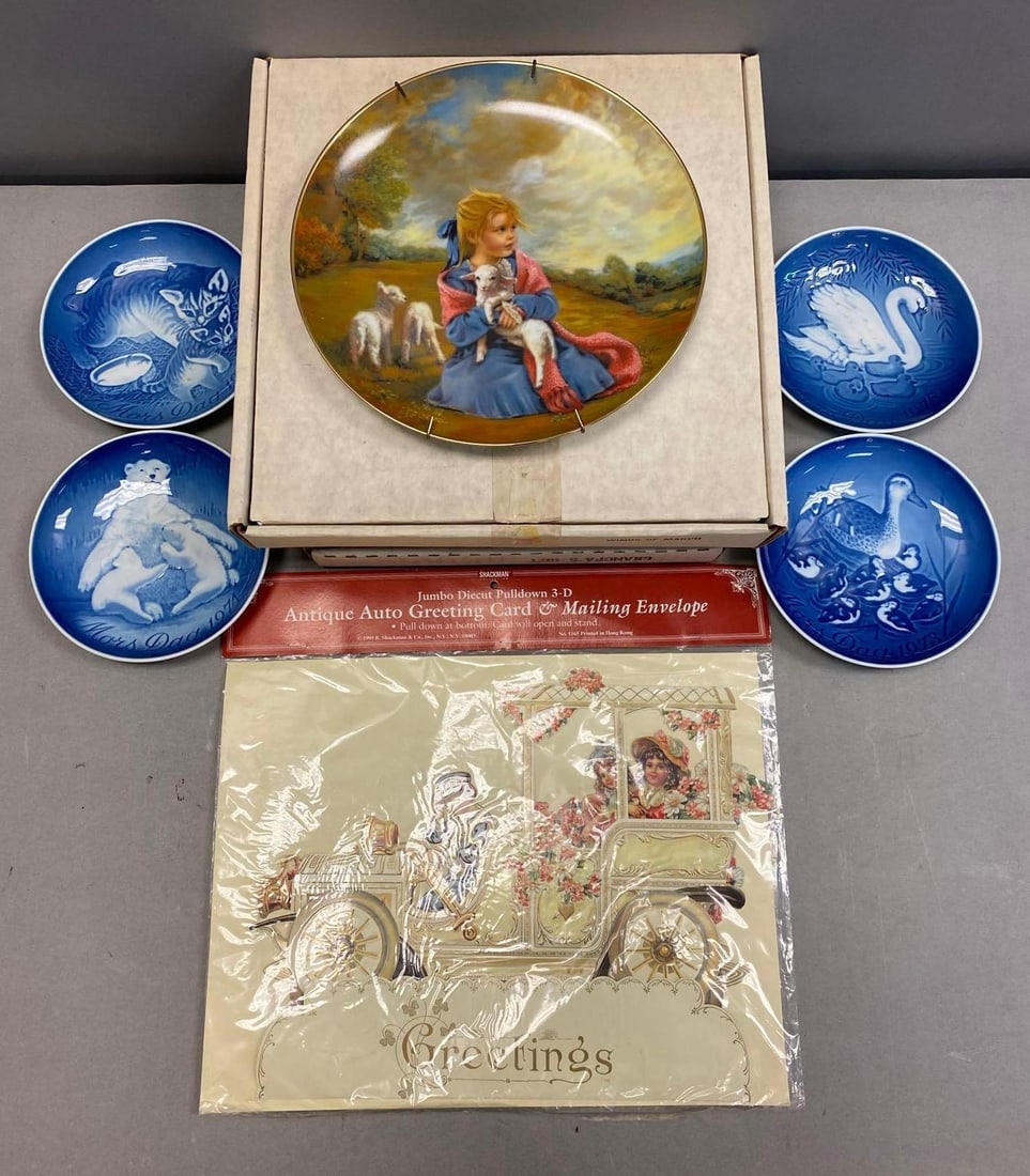Group of Assorted Copenhagen Porcelain Plates and More: Includes Winds of March, Gramps Gift, and more. Largest plate measures 9” in diameter. Like new in original packaging.