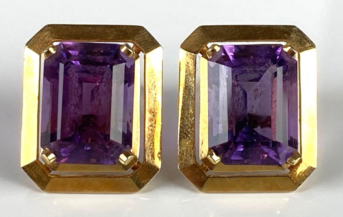 Pair of 14K Gold Amethyst Clip-On Earrings: Total weight 17.0g, Both measure 1 inch long, With Van Duzer Jewelers Appraisal Copy.
