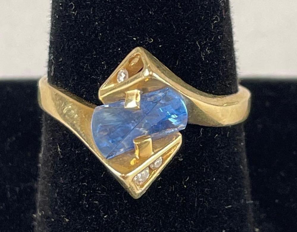 Signed Strell 14k Gold Diamond and Blue Topaz Ring (1 of 5)