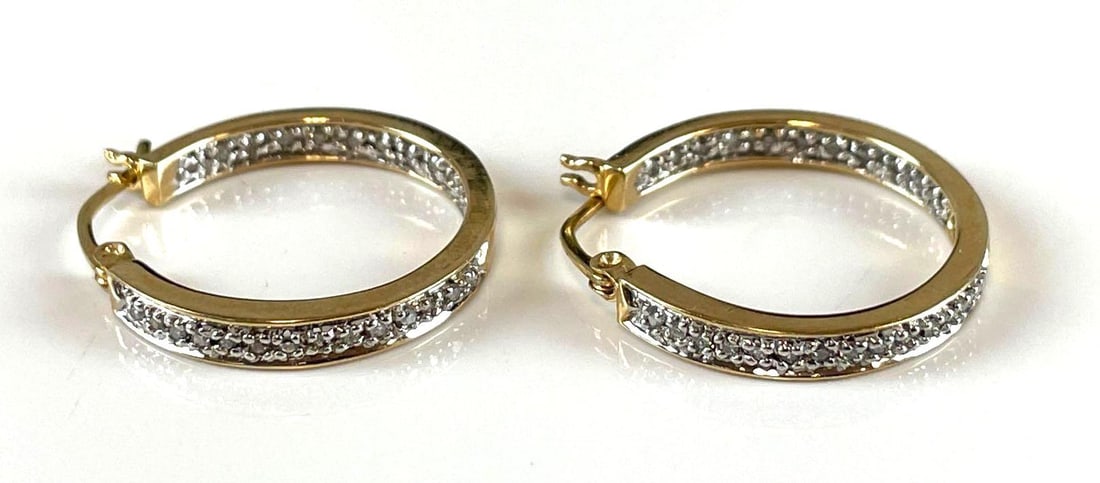 Pair of 10k Gold Diamond Encrusted Hoop Earrings (1 of 3)