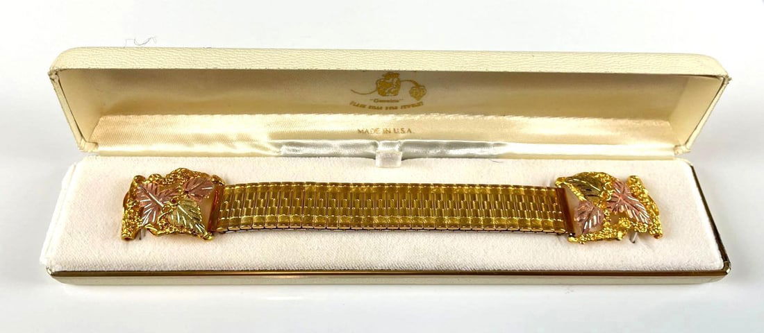10k Gold Accented Mens Wristwatch Band: Plated band with yellow and rose gold oak leaf accents, 39.6 grams total weight