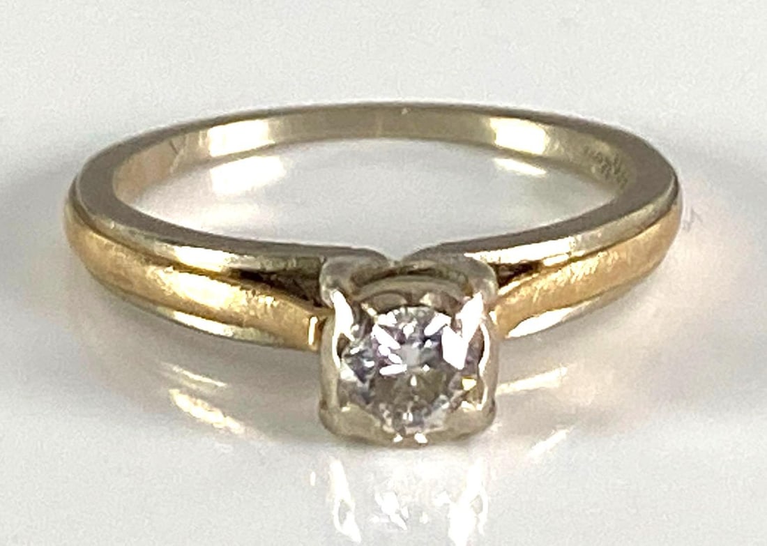 14K White/Yellow Gold Diamond Ring: total weight of 2.4 grams, size 5, inscribed Nevermore on the inside on band