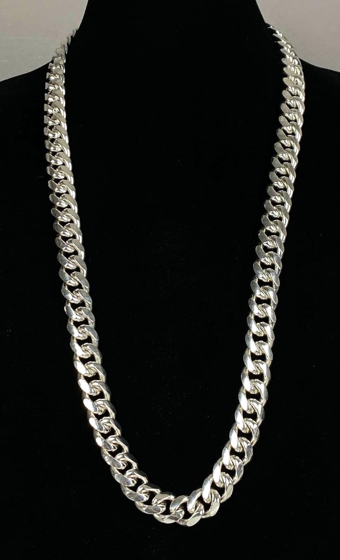 AGI Sterling Silver Chain Necklace: total weight of 339.7 grams, chain width measures 14.3 mm, chain depth measures 5.4 mm, length of 30”