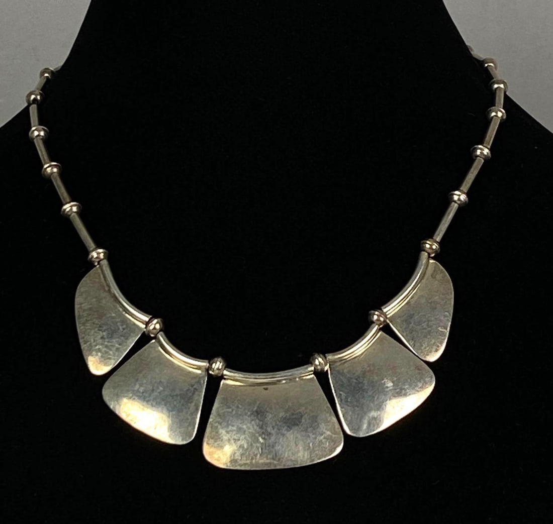 Signed Sterling Silver Bib Necklace: Measures 17” in length