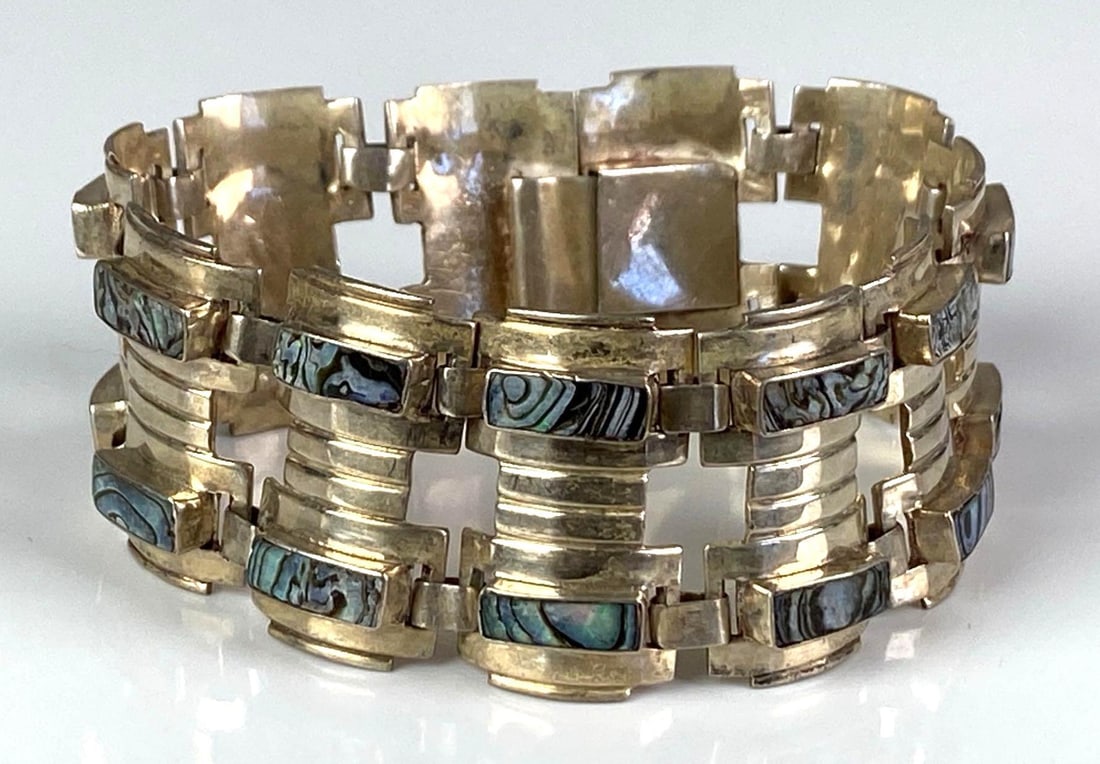 Mexican Taxco Sterling Silver Abalone Shell Bracelet: Measures 6 1/2” in length