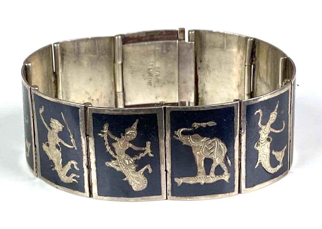 Siamese Sterling Silver Nello Dancers and Elephants Bracelet: Measures 7” in length