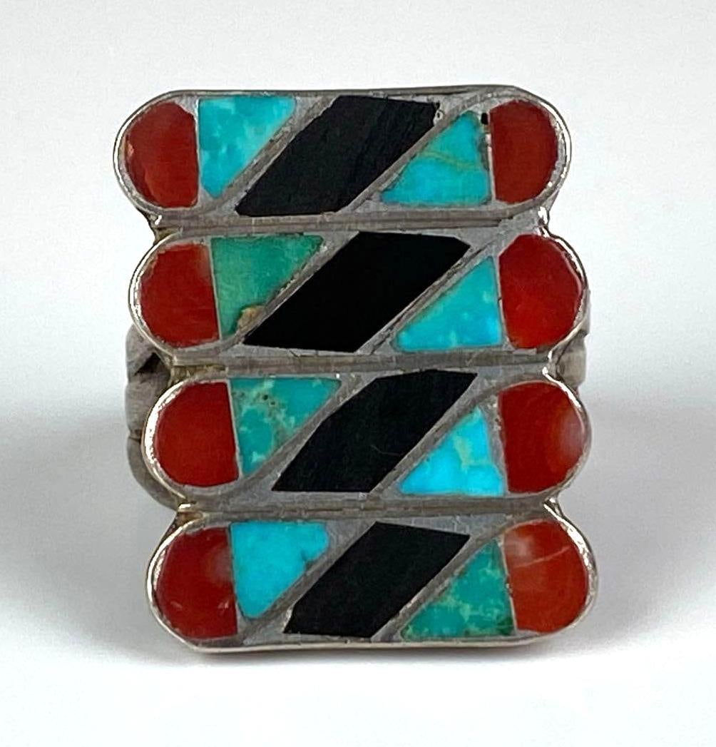 Sterling Silver Native American Multi-Stone Ring: Turquoise, onyx and coral, size 8 1/2