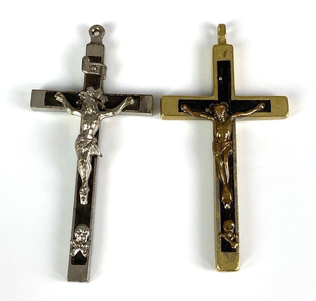 Group of 2 Golgotha Crucifix Ebony Wood Pendants: Largest measures 3 1/2” H x 1 3/4” W