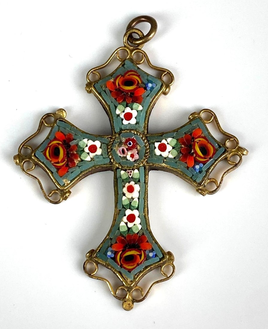 Mosaic Floral Cross Fleury Pendant: Measures 2” H x 1 1/2” W
