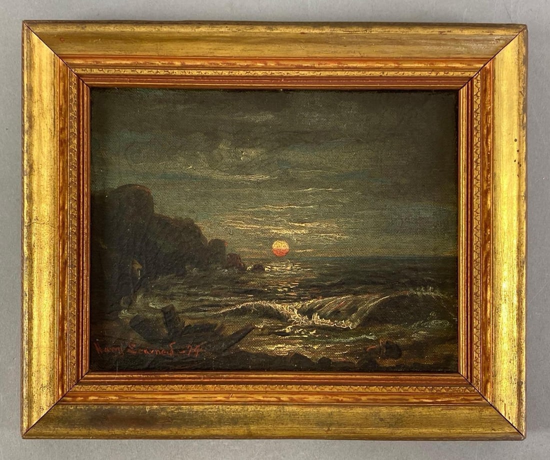 1874 Harry Learned Signed Coast At Sunset Oil Om Canvas Painting: Artist signature on bottom left corner, frame measures 9” H x 11” W, canvas measures 6 1/2” H x 8 1/2” W