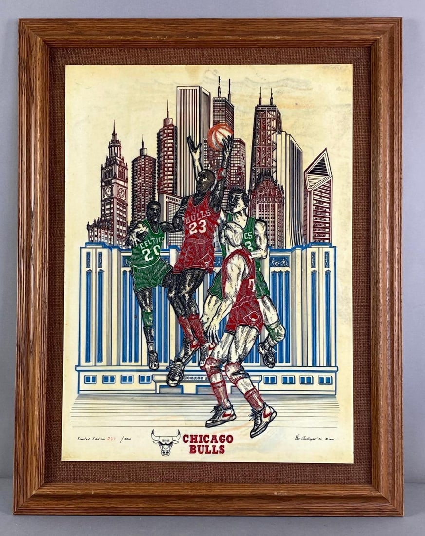 1990 Eugene Andreyev Signed LE Chicago Bulls Alabaster and Resin Etching: Micheal Jordan, Limited edition no. 237 of 5000, yellowing shown throughout, measures 27 1/2” H x 21 1/2” W