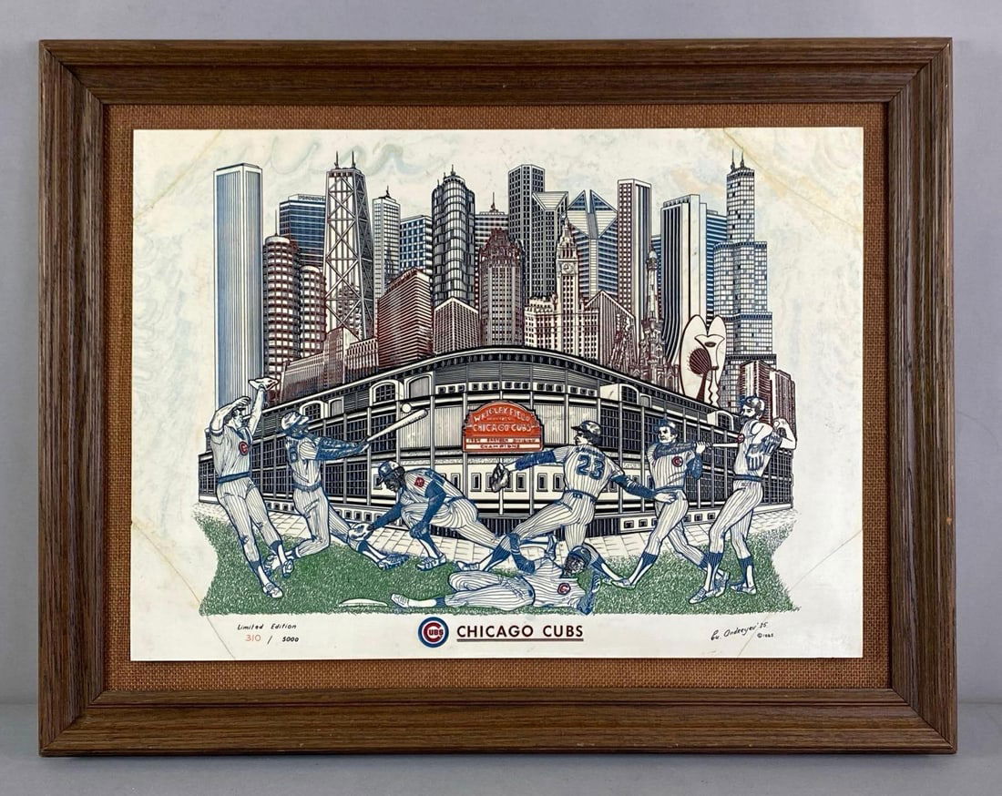 1985 Eugene Andreyev Signed LE Chicago Cubs Alabaster and Resin Etching: Limited Edition No. 310 of 5000, all 4 corners repaired previously, measures 21 1/2” H x 27 1/2” W