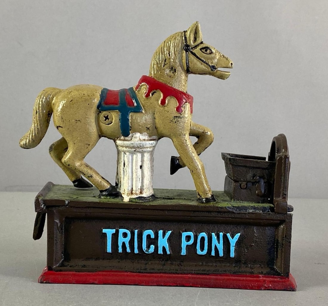 Reproduction Trick Pony Cast Iron Mechanical Coin Bank: Made in China, In working condition, large crack shown, measures 6 3/4” H x 7” W x 2 1/2” D