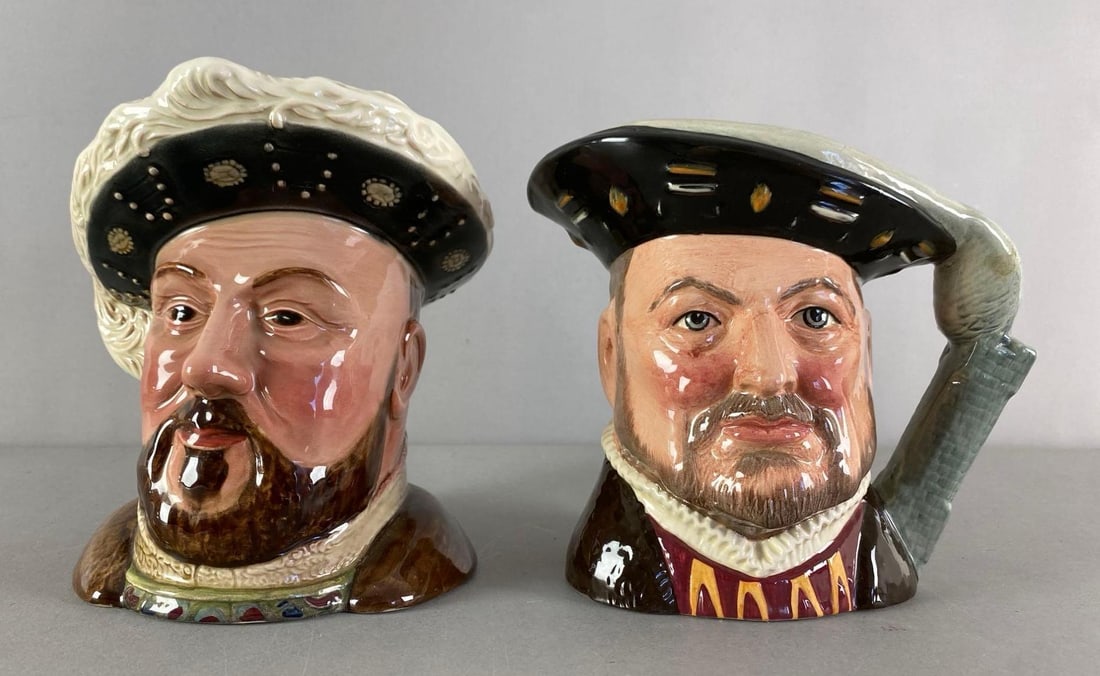 Group of 2 Vintage Henry VIII Porcelain Character Mugs: Includes royal doulton and beswick, both marked on base, largest measures 7” H x 7” W x 6 1/2” D