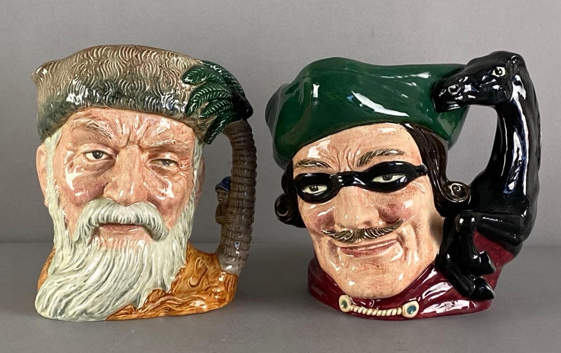 Group of 2 Vintage Royal Doulton Porcelain Character Mugs: Includes Robinson Crusoe and Duck Turpin, marked on bases, largest measures 7” H x 8” W x 6” D