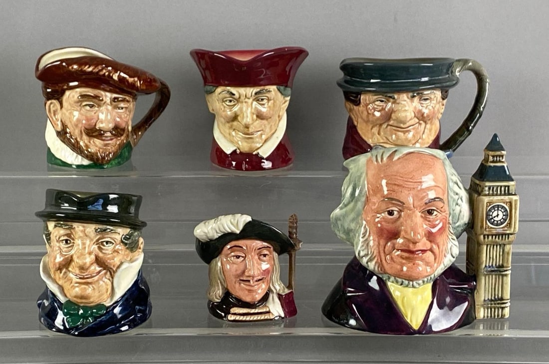 Group of 6 Vintage Royal Doulton Miniature Porcelain Character Mugs: Includes John Doulton, Ramis and more, marked on base, one has large crack, largest measures 4 1/2” H x 4 1/2” W x 3” D