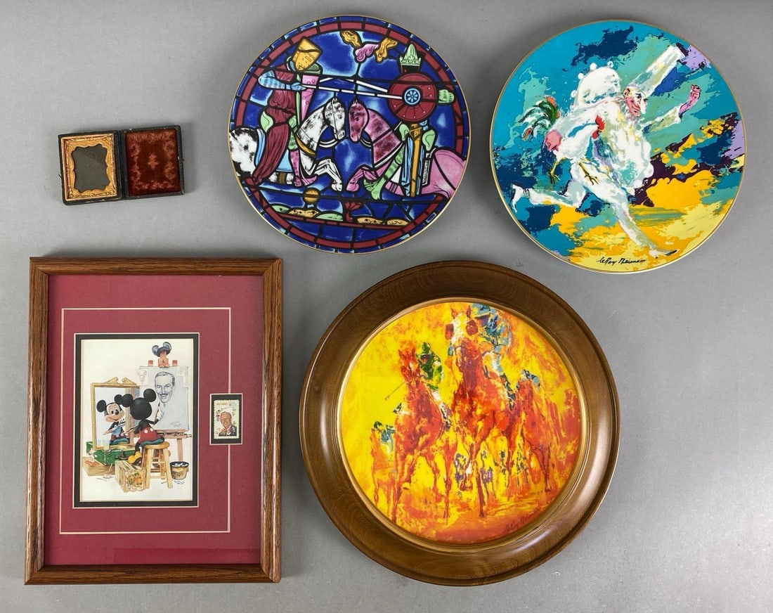 Group of Assorted Items with Leroy Neiman Plate: Includes Tin-Type Photograph, Royal Doulton porcelain plates and more, largest measures 13” in diameter