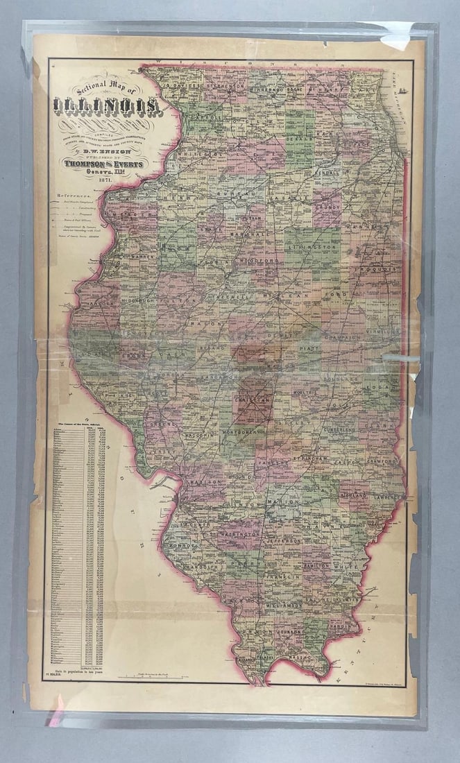 1871 Thompson and Everts Sectional Map of Illinois: D.W. Ensign, published in Geneva IL, some repairs, measures 29 1/4" x 17"