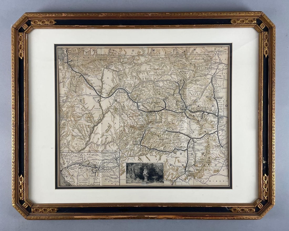 1882 Edition Denver & Rio Grande Railroad System Map: Utah and Colorado section, antique odd fellows style frame measures 20 1/2" x 26 1/4", map measures 14 1/4" x 17 1/2"