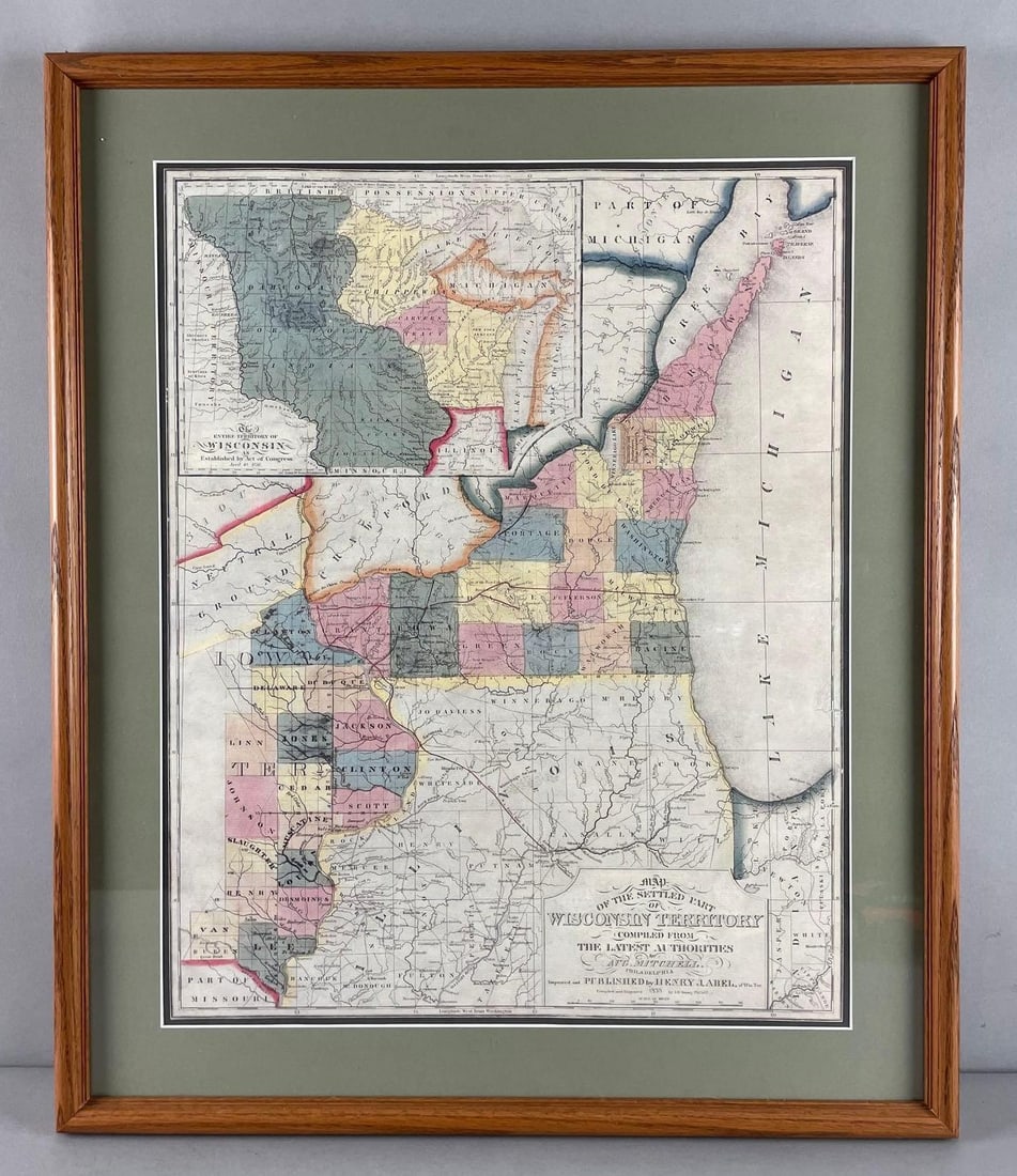 1838 Edition Map of the Settled Part of Wisconsin Territory: Small tear on right side, map measures 21 1/4" x 17", frame measures 26 1/2" x 22 1/4"