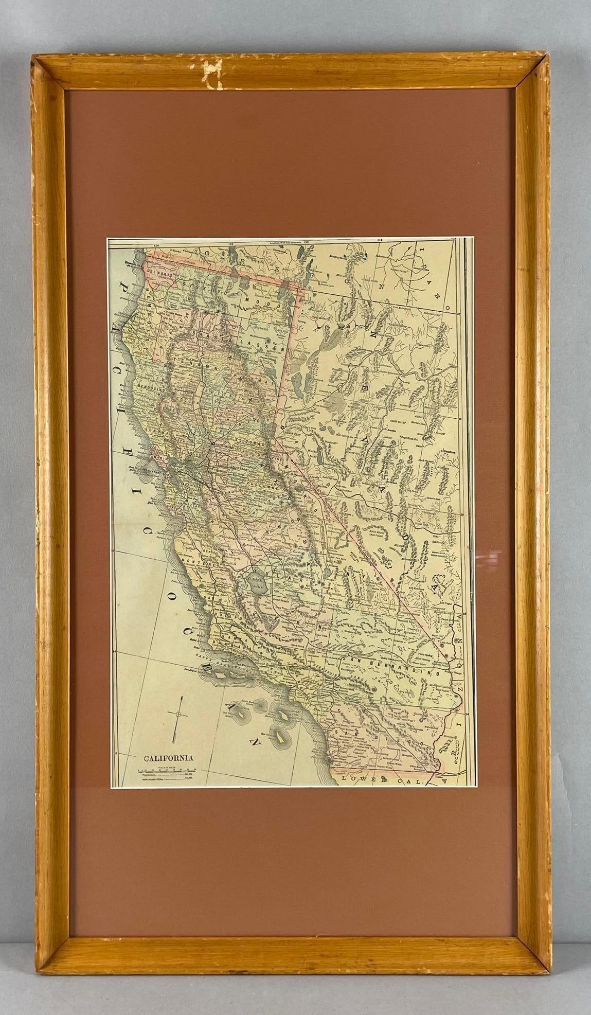 Late 1800s Edition Map of California: Map measures 18" x 12", frame measures 29 3/4" x 16 3/4"