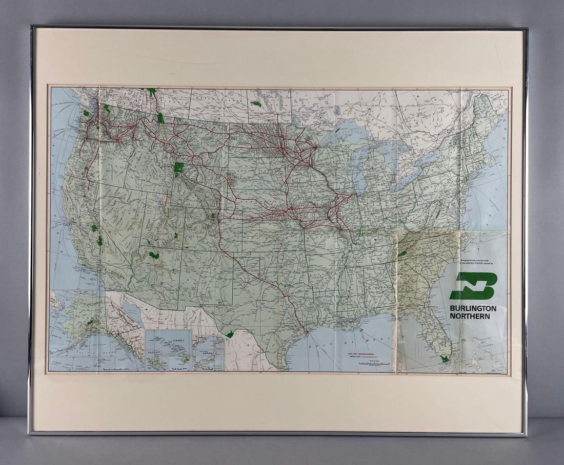 1971 Rand McNally Burlington Northern Railway Map: Some wear on seams. Map measures 20" x 32", frame measures 28 1/4" x 34 1/4"