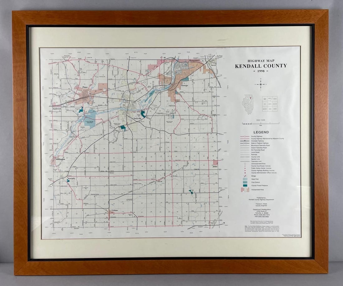 1998 Kendall County Illinois Highway Map: Frame measures 28 1/4" x 34"