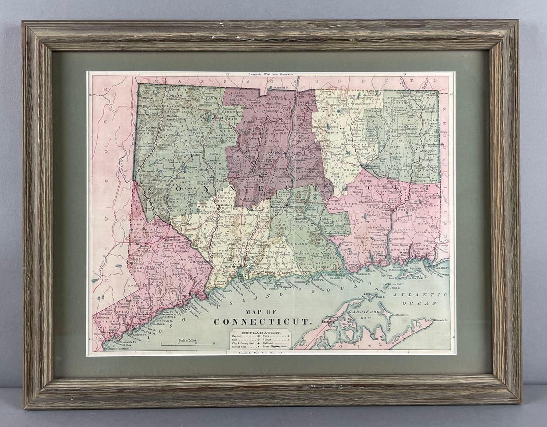 Antique Map of Connecticut: Map measures 10 1/4" x 13 1/4", frame measures 14" x 18"
