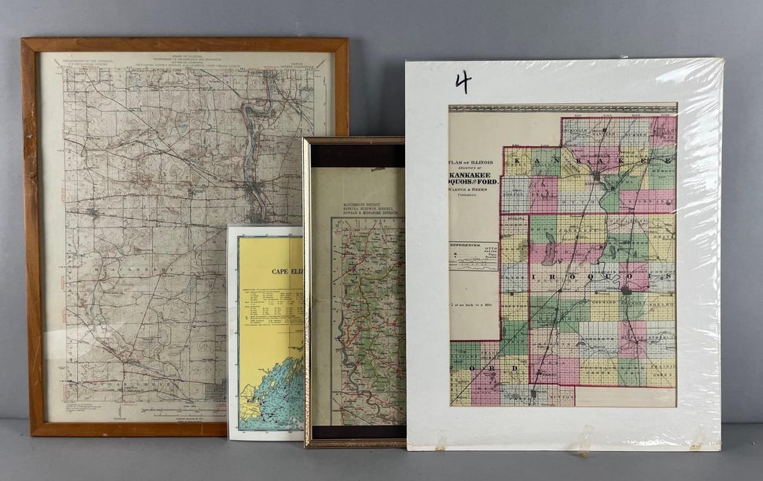 Group of 4 Maps: Includes 1932 Geneva Il and Fox River valley, ford and Iroquois counties, Maine coast, largest frame measures 21" x 17"