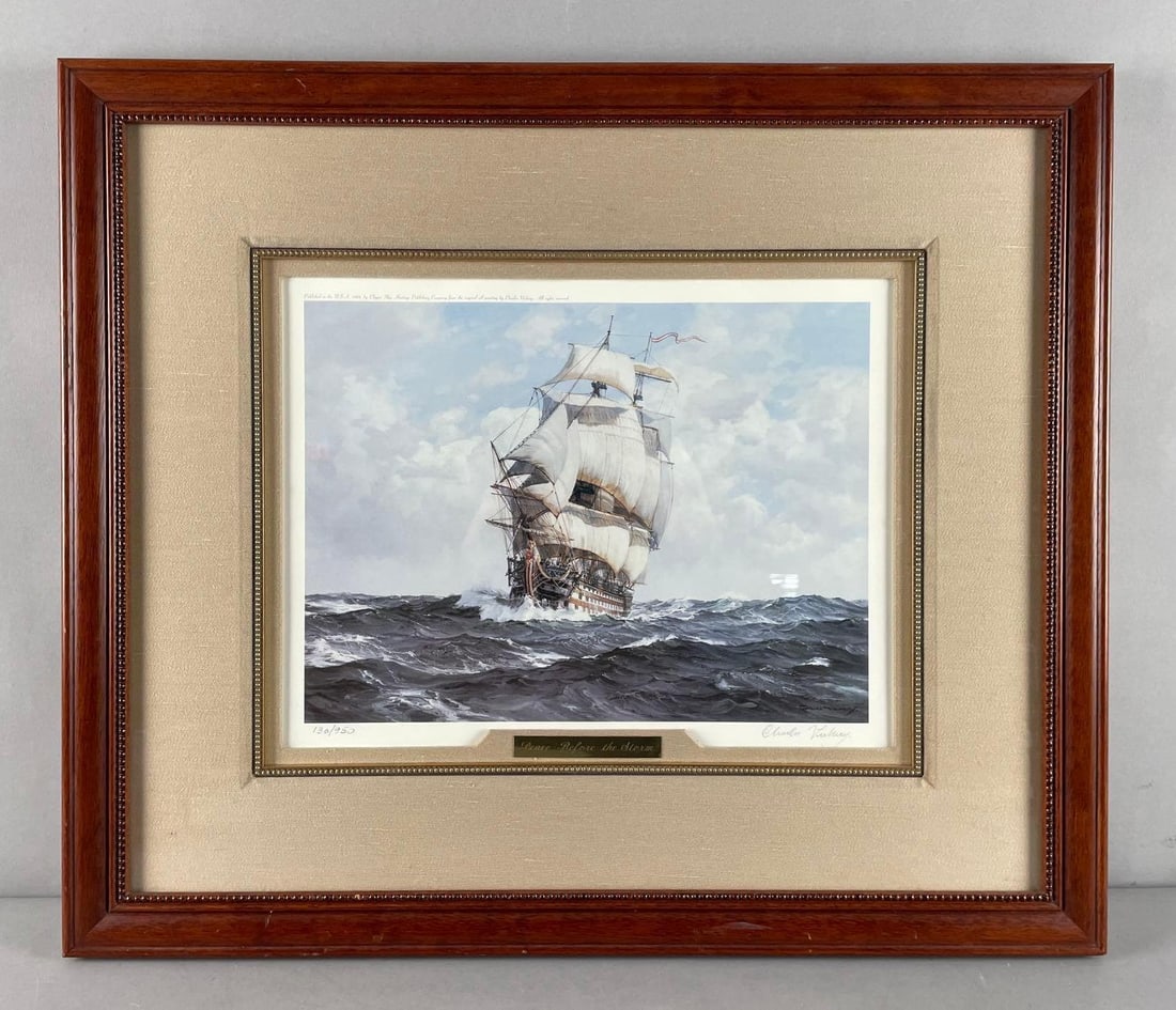 Signed and Numbered Charles Vickery Clipper Ship Lithograph: Peace before the storm, # 130/950, litho measures 11" x 14 1/4", frame measures 20 1/4" x 23 3/4"