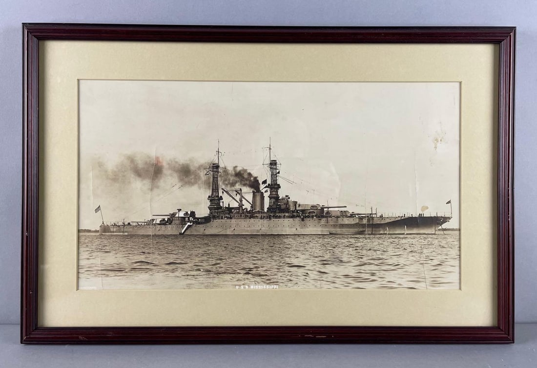 Vintage U.S.S. Mississippi U.S. Navy Battleship Photo: Heavy creases or repaired tears, photo measures 9 1/2" x 17 1/2", frame measures 14 1/2" x 22 1/2"