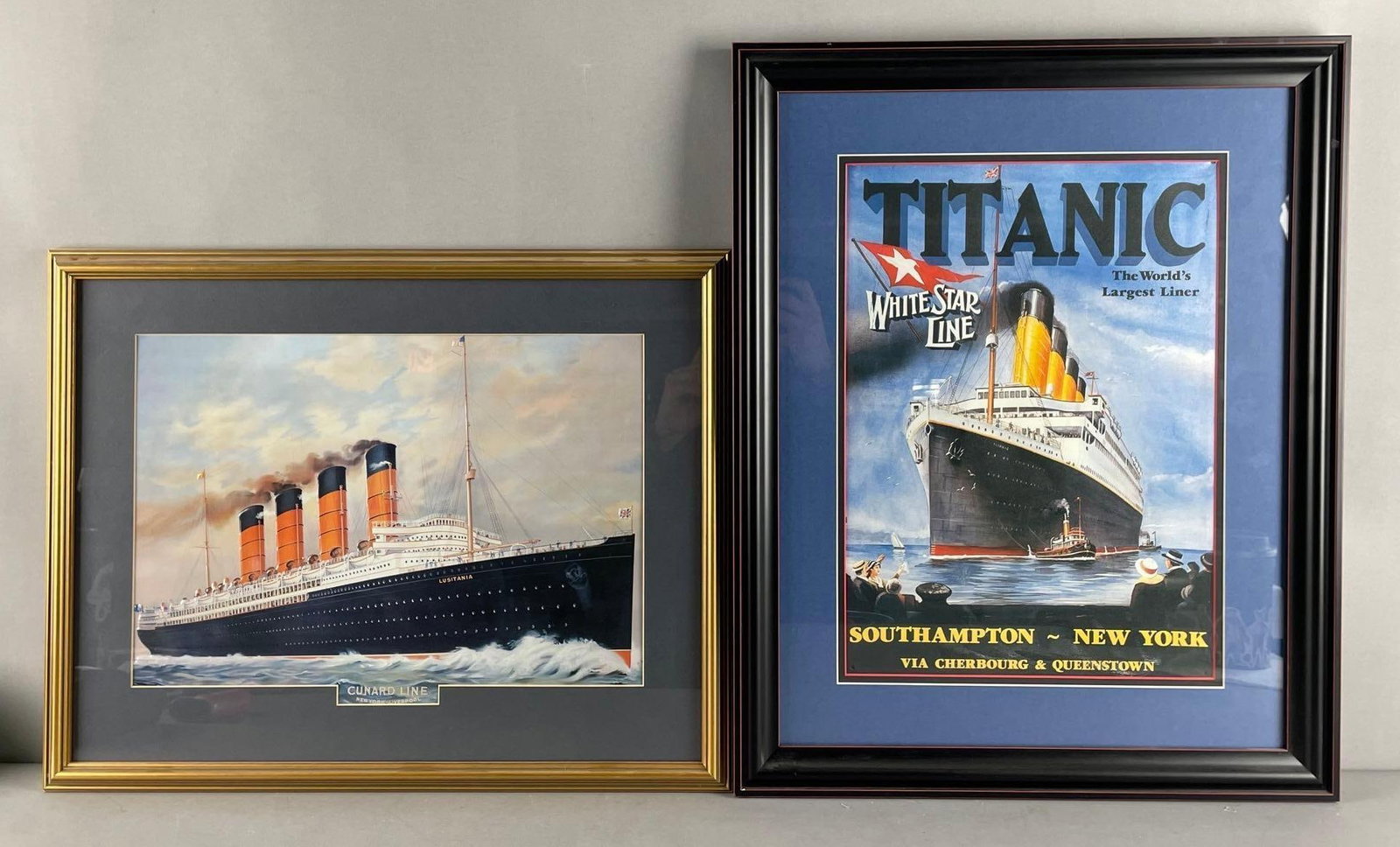 Group of 2 Fated Ocean Liner Lithographs: Includes embossed Lusitania, Titanic, largest measures 22 1/2" x 18"